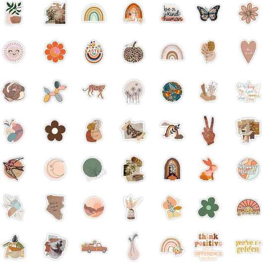 A large collection of bohemian-style stickers featuring rainbows, flowers, animals, and inspirational quotes like "be a kind human" and "choose happy." - Image 3