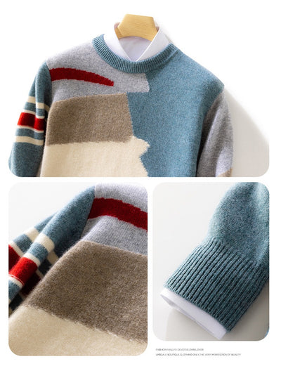 Suéter de Lana para Hombre con Cuello Redondo y Contraste de Colores - Image 9