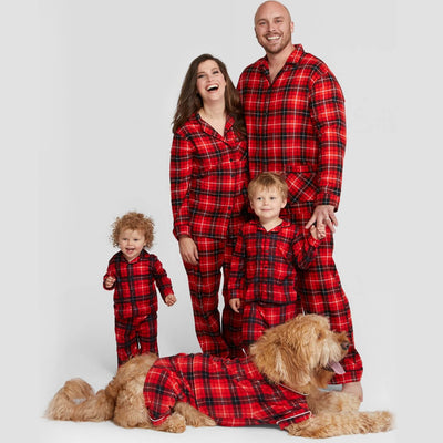 Red, black, and white plaid long-sleeve baby romper with a collar and snap closures, hanging on a hanger. - Image 26