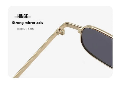 Trendy rectangular sunglasses with gold metal frames and brown lenses, shown from front and a 45-degree angle. - Image 14