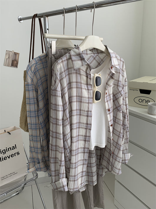 Camisa Cuadriculada de Algodón Retro Lavado Artístico para Mujer - Image 6