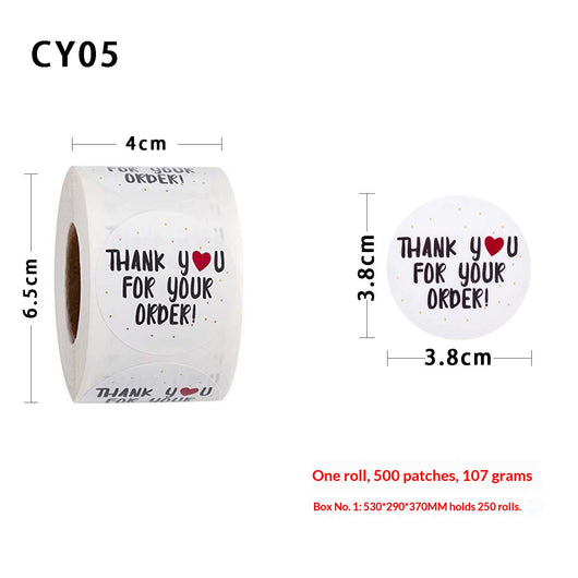 Roll of white round thank you stickers with black text, a red heart, and gold dots for orders. - Image 11