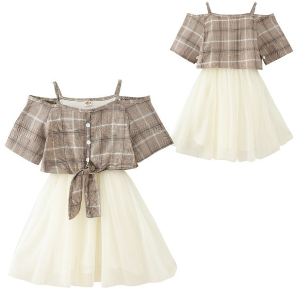 Vestido Princesa Estilo Occidental con Tirantes y Cuadros para Niñas