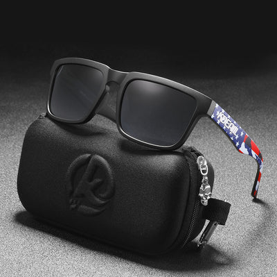 Men's and women's dazzling blue and black striped polarized sunglasses with gray lenses and a black case. - Image 24
