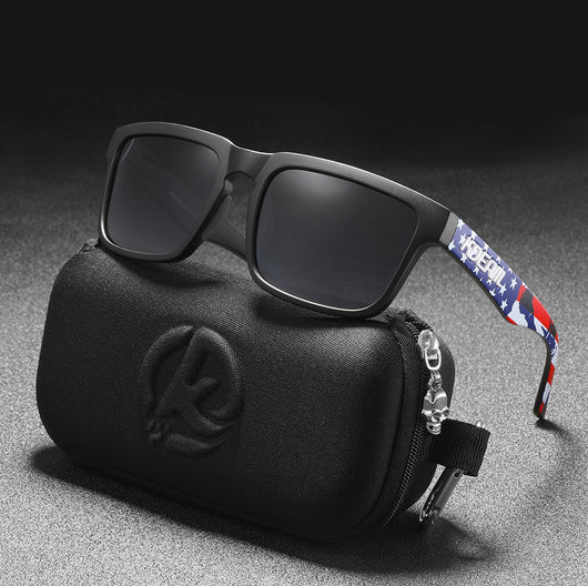 Men's and women's dazzling blue and black striped polarized sunglasses with gray lenses and a black case. - Image 24