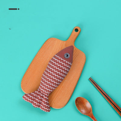 Yellow linen fish cat toy with white zigzag pattern and black and white eye detail on a white background. - Image 8