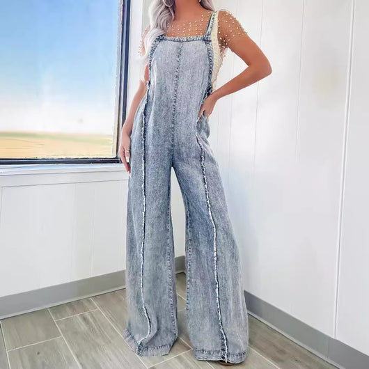Jumpsuit Denim Vintage de Piernas Anchas con Tirantes - Image 2