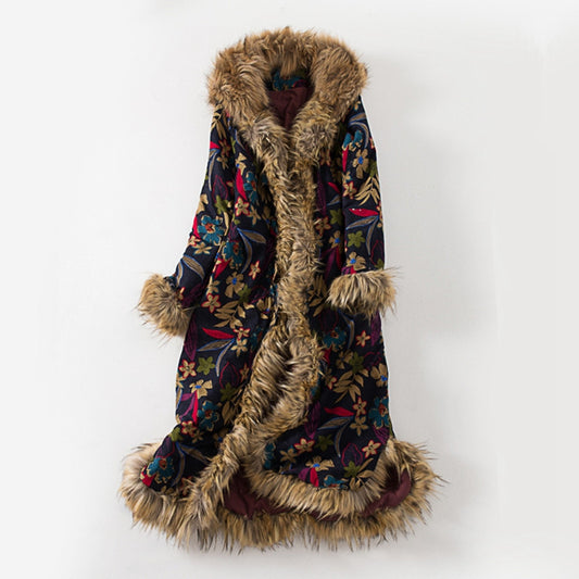 Chaqueta Acolchada Étnica de Lino y Algodón con Cuello de Pelaje y Capucha - Image 2