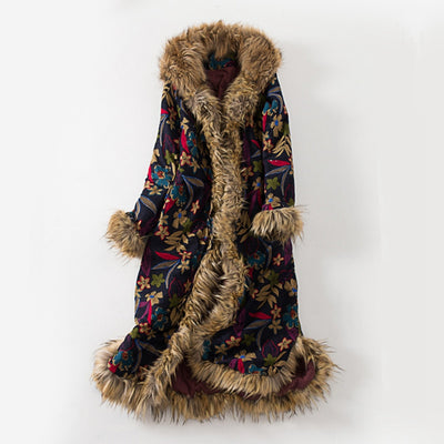 Chaqueta Acolchada Étnica de Lino y Algodón con Cuello de Pelaje y Capucha - Image 2