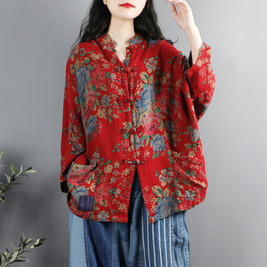 Camisa Retro Étnica con Cuello Mao y Estampado Floral