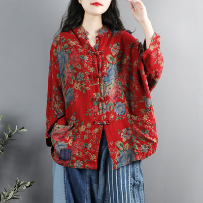 Camisa Retro Étnica con Cuello Mao y Estampado Floral