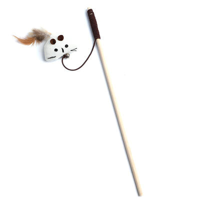 Cat teaser toy with a long wooden pole, a striped ball, brown feathers, and a small bell. - Image 10