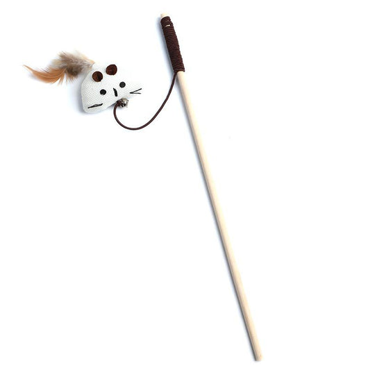 Cat teaser toy with a long wooden pole, a striped ball, brown feathers, and a small bell. - Image 10