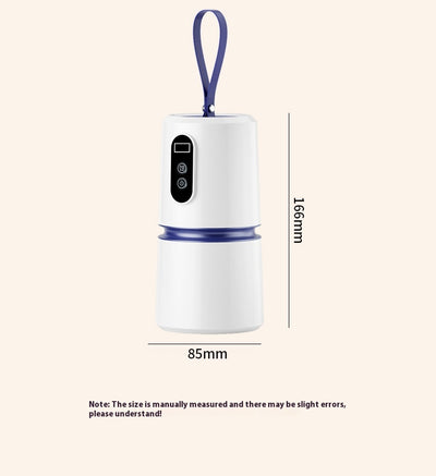 White and blue mini household air dryer with a digital display and hanging loop, shown next to a gold smartphone. - Image 6