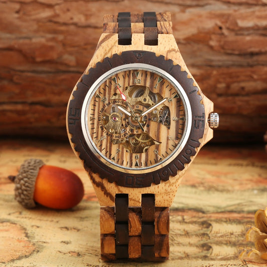 Reloj Automático Madera Ébano Zebra con Correa de Cinco Cuentas