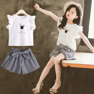 Conjunto Infantil Niña Estilo Coreano: Blusa Manga Corta y Short a Cuadros con Moño - Image 7