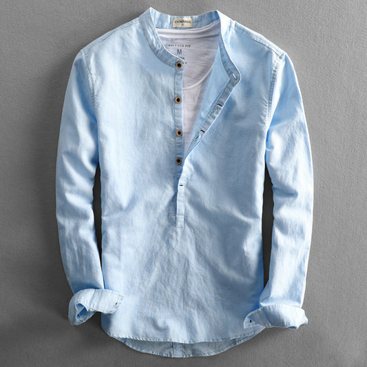 Camisa de Lino Suelta para Hombre - Manga Larga Casual Color Sólido