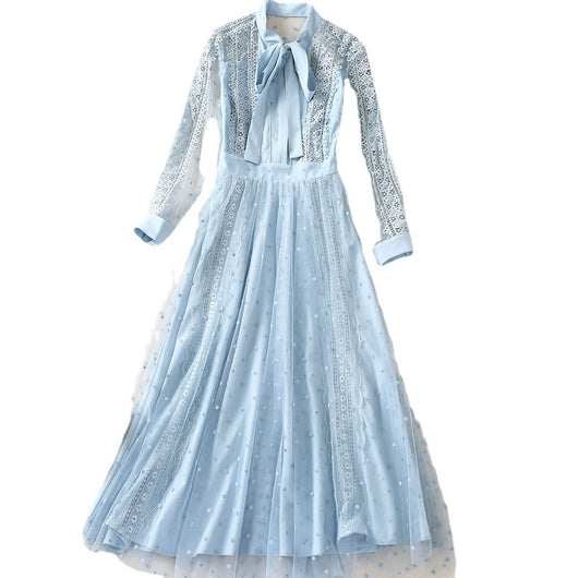 Vestido Largo de Manga Larga con Parches de Lunares y Mesh Calado - Image 13