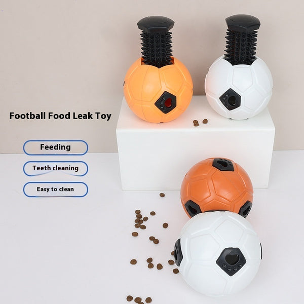 White and black dog toy with a soccer ball base and a textured rod for nibbling and teeth grinding.