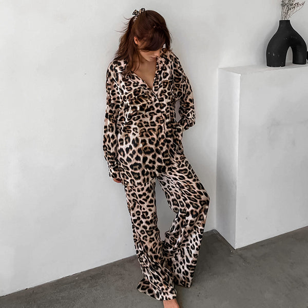 Conjunto Retro Leopardo: Camisa y Pantalón Holgado Estilo Europeo Americano