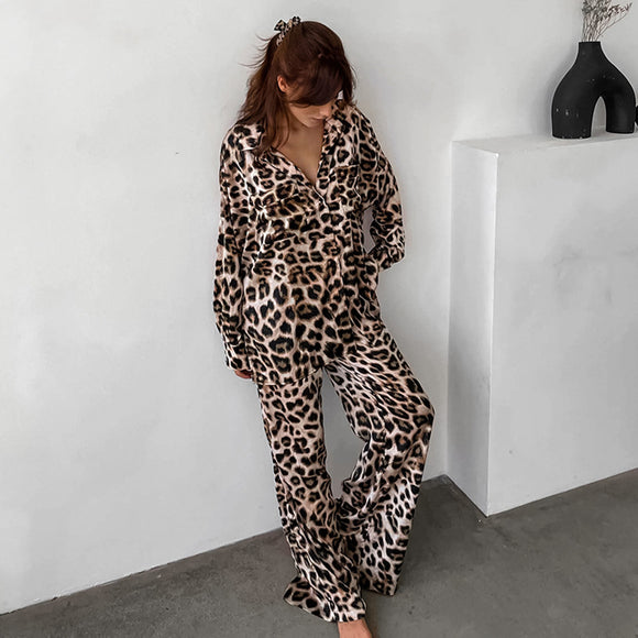 Conjunto Retro Leopardo: Camisa y Pantalón Holgado Estilo Europeo Americano