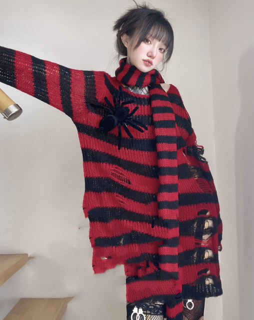 Bufanda Harajuku Punk Rayas Gris Rojo Negro - Image 9