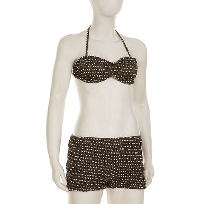 Dark brown polka dot halter bikini top with matching shirred high-waisted shorts for women. - Image 16