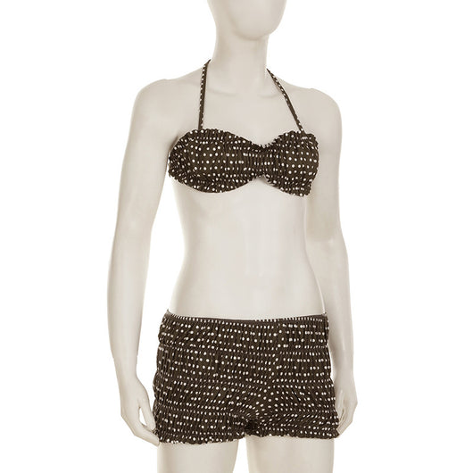 Dark brown polka dot halter bikini top with matching shirred high-waisted shorts for women. - Image 16