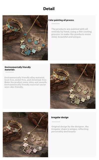 Conjunto de Aretes, Pulsera y Collar con Cuadrados Geométricos Pintados en Óleo - Image 15
