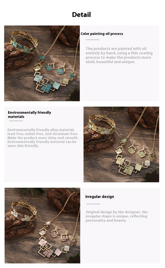 Conjunto de Aretes, Pulsera y Collar con Cuadrados Geométricos Pintados en Óleo - Image 15