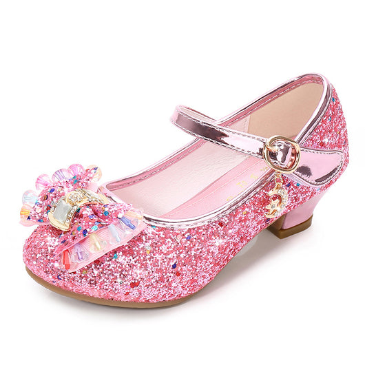 Red glitter Mary Jane shoes for girls with a decorative bow, clear and pink crystals, and a moon and star charm. - Image 19
