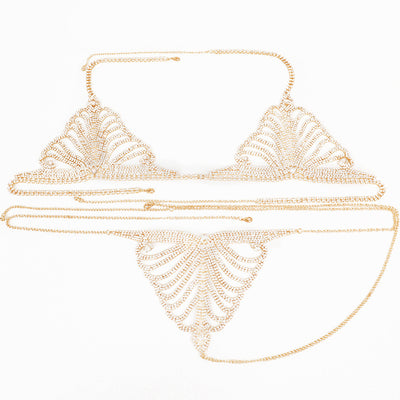 Gold-tone rhinestone bra and thong body chain set with a fan-like pattern, sparkling on a white background. - Image 6