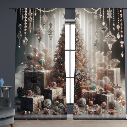 Christmas curtain with a snowy village scene, Santa Claus, flying reindeer, and piles of wrapped gifts. - Image 2