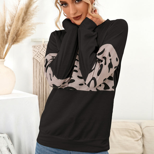Suéter Tejido Estampado Leopardo Cuello Redondo con Parches de Contraste para Mujer