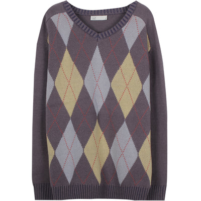 Suéter Tejido Diamante Cuello V Gris Azulado Retro Americano para Mujer - Image 10