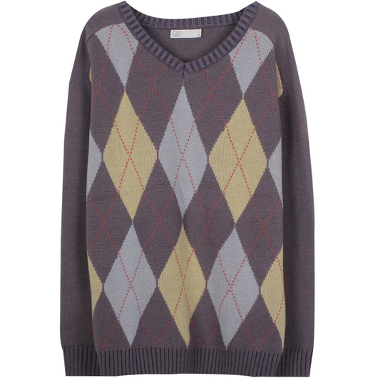 Suéter Tejido Diamante Cuello V Gris Azulado Retro Americano para Mujer - Image 10