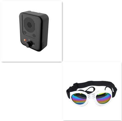 Black ultrasonic anti-barking device with a red light and a control knob, next to yellow pet goggles with rainbow lenses. - Image 16