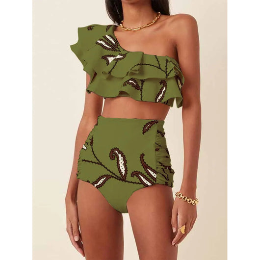 Bikini de Cintura Alta con Hombro Descubierto y Volantes Estampado - Image 6