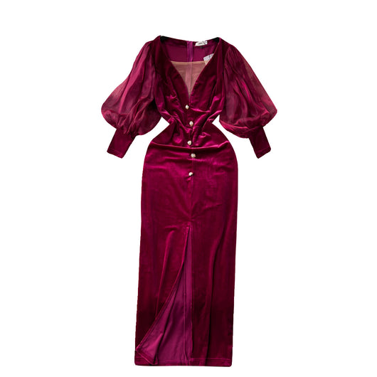 Vestido Vintage de Terciopelo Lujo Accesible con Mangas Farol - Image 5