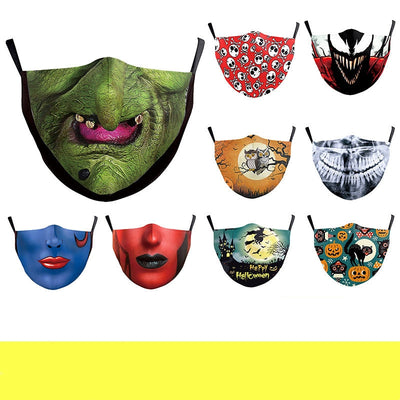 Blue face mask with a printed design of a face featuring red lips and a dark blue nose, with black ear loops. - Image 15