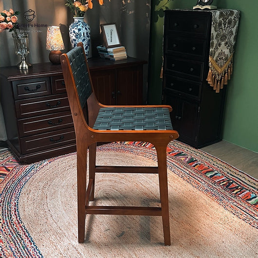 Taburete Alto de Cuero Vintage con Asiento de Silla de Madera Maciza - Image 5