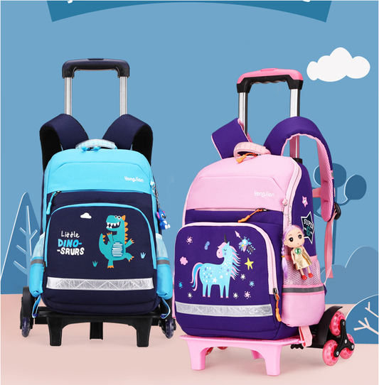 Pink and black detachable trolley backpack for elementary school students with a cartoon bear graphic and doll charm.