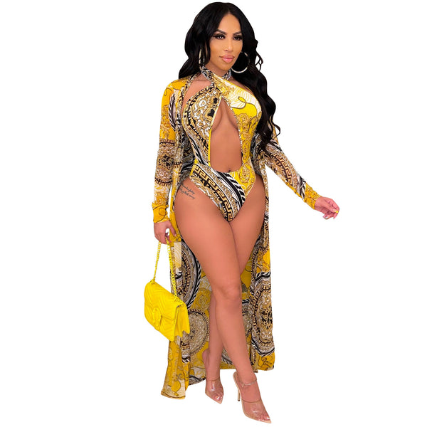 Traje de Baño Dos Piezas con Pareo Largo de Manga Larga Estampado - Image 5