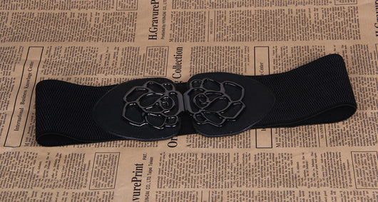 Red elastic women's belt featuring a prominent black alloy rose-shaped double buckle, suitable for various outfits. - Image 11