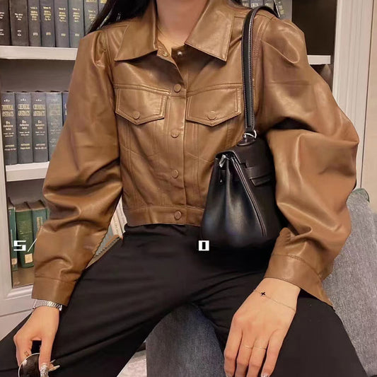 Chaqueta de Cuero Cropped para Motociclista - Primavera y Otoño