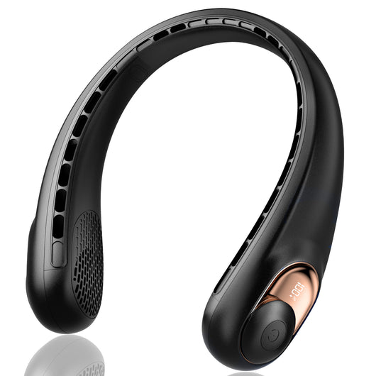 Dark blue U-shaped neck fan with air vents, small fan grilles, and a rose gold accent ring. - Image 15