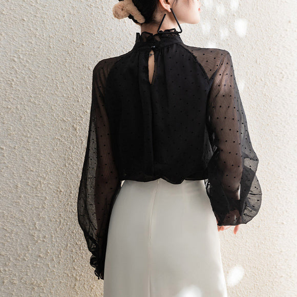Blusa Larga de Gasa con Lunares para Mujer