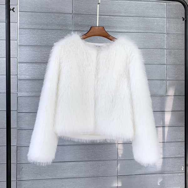 Abrigo de Piel Corto para Mujer Talla Grande Color Sólido