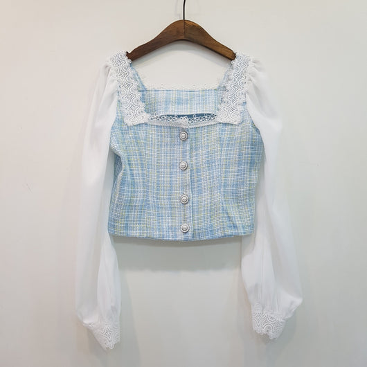 Conjunto de Dos Piezas con Camisa Cuadros Cuello Cuadrado y Falda Corta - Image 10