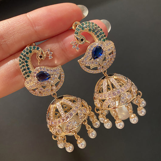 Aretes de Jaula de Pavo Real con Perlas y Borla de Cristal - Image 10